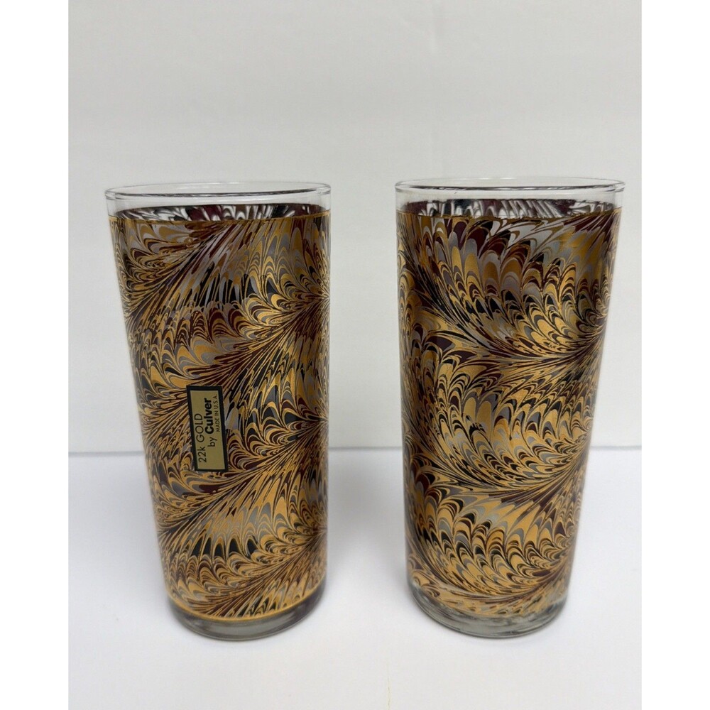 Culver Peacock Marble Glasses Burgundy & Black Highball 12 0z. 22k Gold Set Of 2